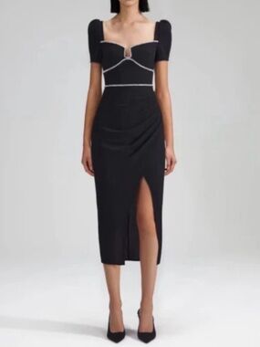 Self-Portrait Square Neckline Black Diamante Midi Dress with Crystal Lining